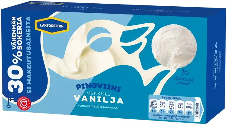 Pingviini Vanilja Vähemmän sokeria Laktoositon kermajäätelö kotipakkaus 490g/1L