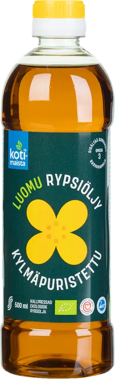 Kotimaista 500ml kylmäpuristettu luomu rypsiöljy