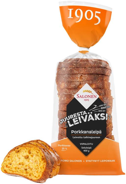 Leipomo Salonen Juuresta leiväksi Porkkanaleipä viipaloitu 400 g porkkanalla maustettu sekaleipä, viipaloitu
