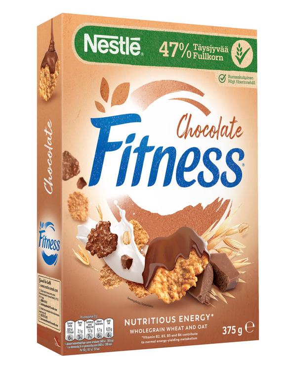 Nestlé Fitness 375g Chocolate täysjyvävehnä-kaura-riisimuroja suklaalla sekä vitamiineilla ja mineraaleilla