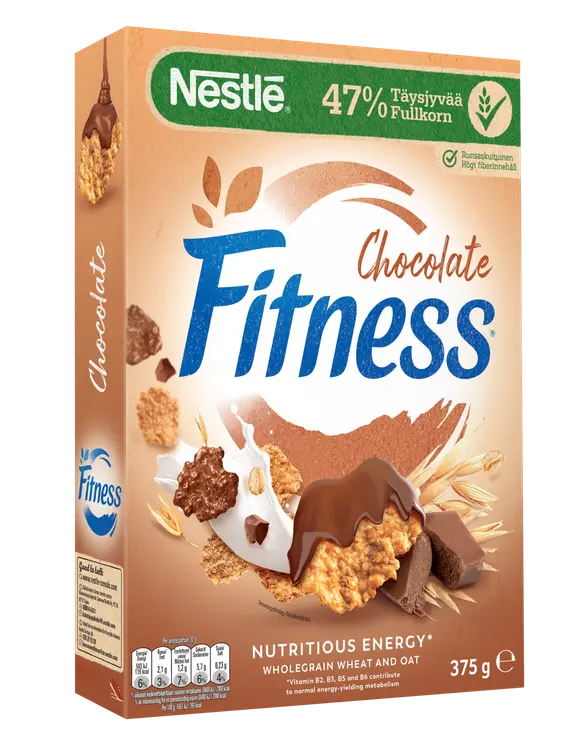 Nestlé Fitness 375g Chocolate täysjyvävehnä-kaura-riisimuroja suklaalla sekä vitamiineilla ja mineraaleilla