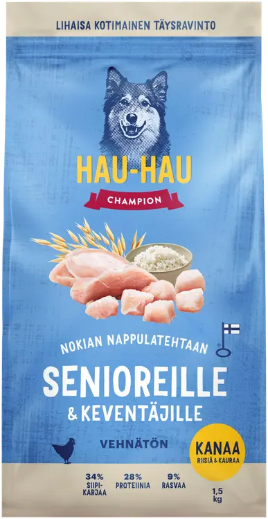 Hau-Hau Champion Nokian Nappulatehtaan Kanaa, riisiä & kauraa täysravinto senioreille ja keventäville 1,5 kg