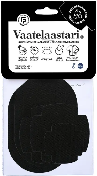 FabPatch Vaatelaastari, Yönmusta - helppo, hankaamalla kiinnittyvä tekstiilien korjauspaikka
