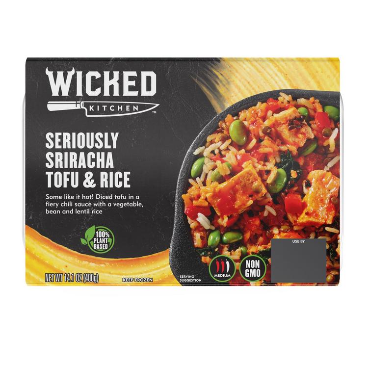 Wicked Kitchen - Kuutioitu tofu mausteisessa valkosipuli- ja chilikastikkeessa, tarjoillaan kasvis-papu-ja linssiriisin kanssa. Pakaste