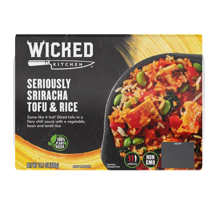 Wicked Kitchen - Kuutioitu tofu mausteisessa valkosipuli- ja chilikastikkeessa, tarjoillaan kasvis-papu-ja linssiriisin kanssa. Pakaste