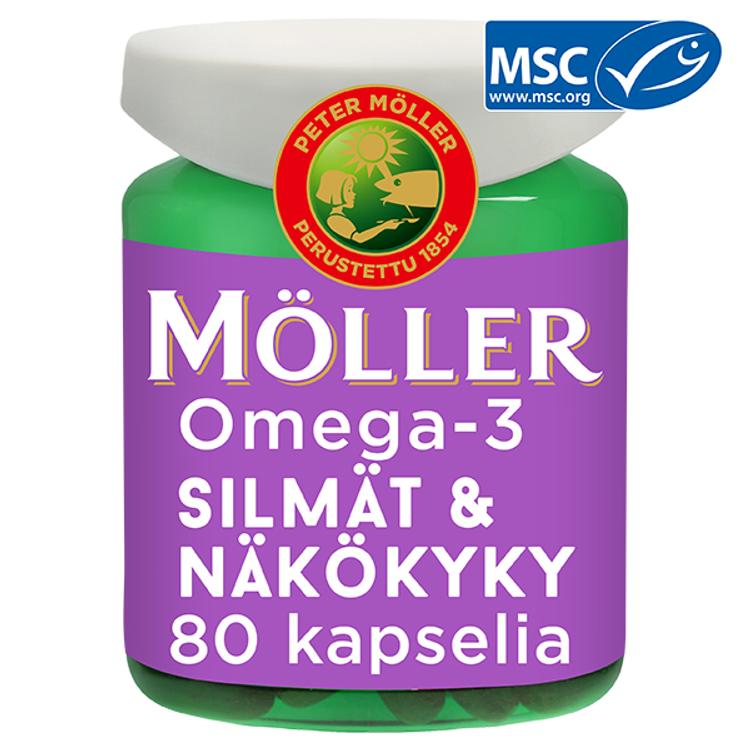 Möller Omega-3 Silmät & näkökyky Omega-3-rasvahappo-luteiini-zeaksantiini-D-vitamiini-sinkki-kapseli ravintolisä 46g/80kaps