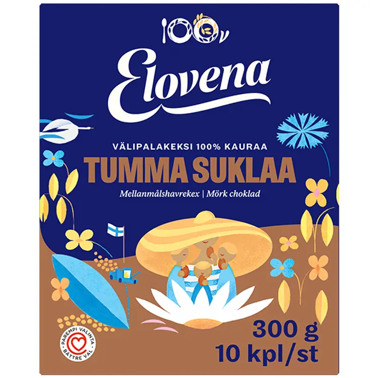 Elovena 10x30g tumma suklaa täysjyvä välipalakeksi 100% kauraa