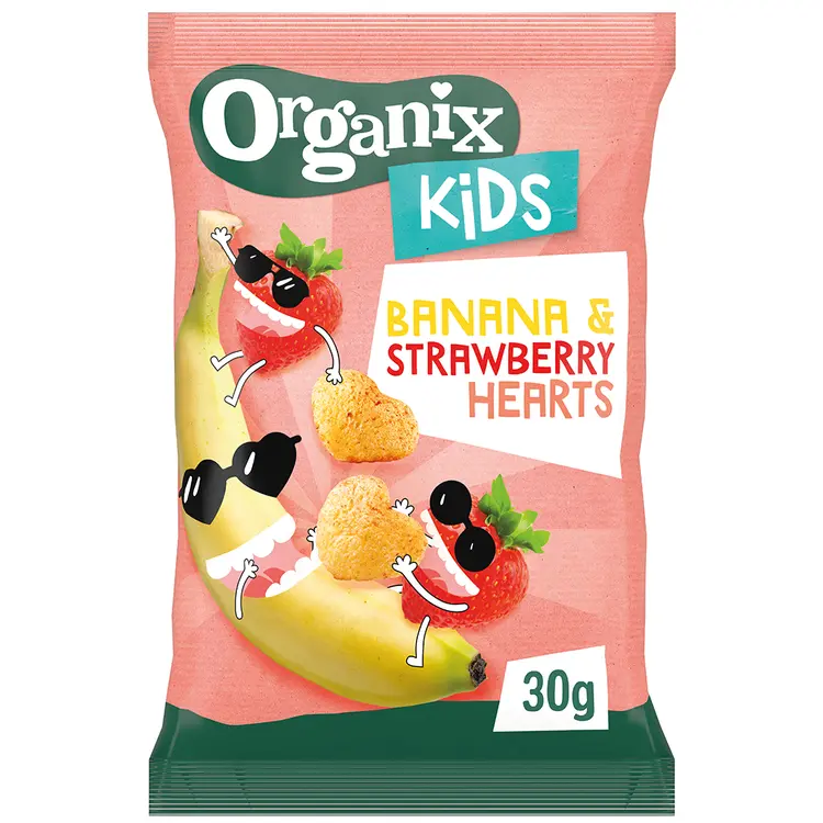 Organix Kids Banana & strawberry hearts luomu maissinaksu 30g