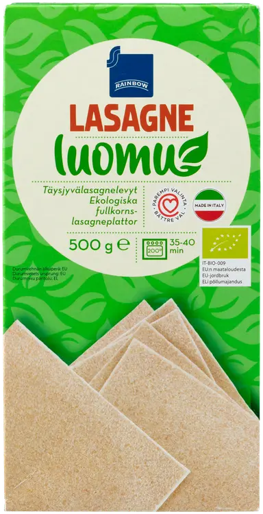 Rainbow Täysjyvälasagnelevyt Kananmunaton Luomu 500g