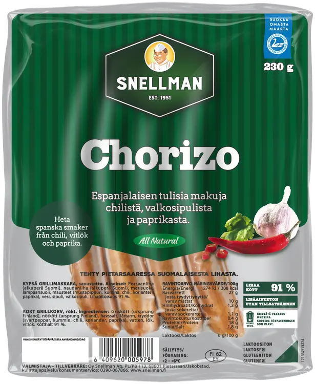 Snellman All Natural Chorizo grillimakkara 230g