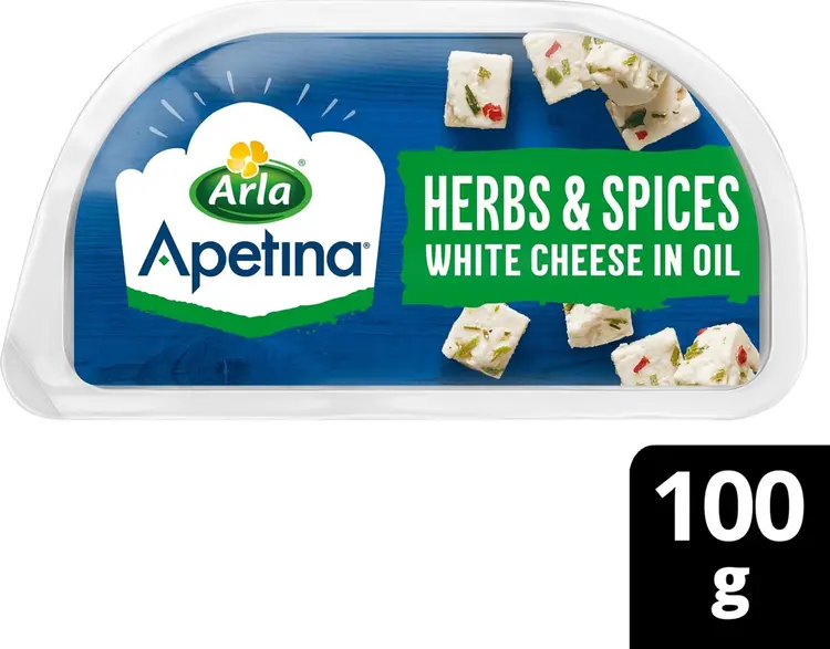 Arla Apetina 100/80g snack salaattijuusto kuutioina ja yrttejä öljymarinadissa.