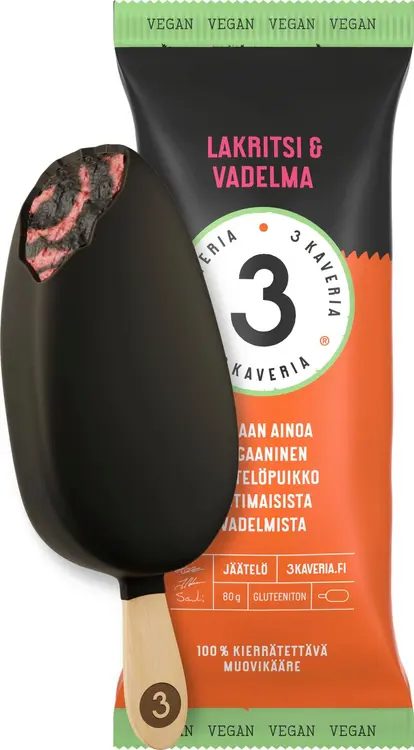 3 Kaveria Vegaaninen Lakritsi & Vadelma jäätelöpuikko 110ml/80g