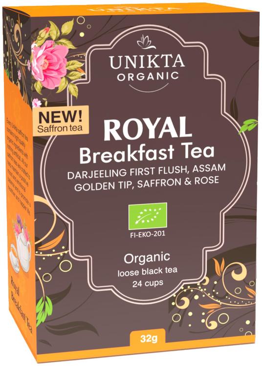 Unikta royal breakfast tea. Luomu korkealaatuinen musta teesekoitus 32g irto 24 kuppia. Sisältää kevään ensisadon Darjeeling SFTGFOP1 Assam tippy golden SFTGFOP ruusua ja sahramia.