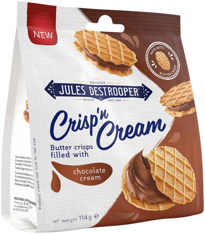 Jules Destrooper Crisp 'n Cream Chocolate 114g, Voikeksejä, joissa suklaakreemitäytettä