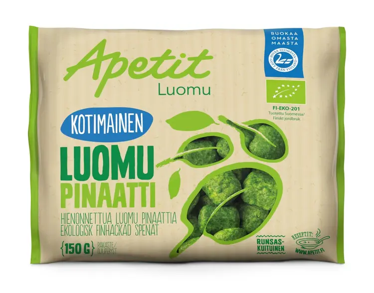 Apetit Kotimainen Luomu Pinaatti hienonnettua pinaattia paloina pakaste 150g