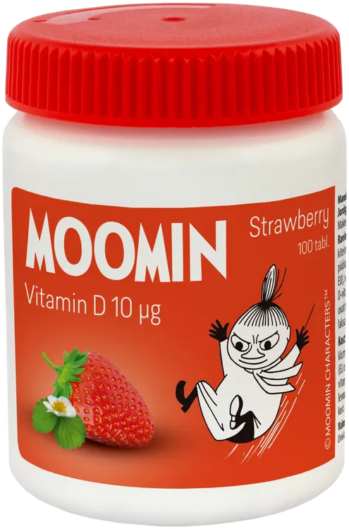 Moomin D-vitamiini 10µg Mansikka imeskelytabletti 100tabl 23g ravintolisä