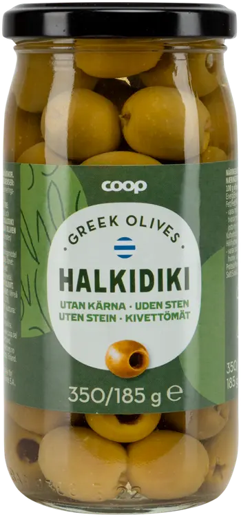 Coop Halkidiki kivettömät vihreät oliivit 350/185 g