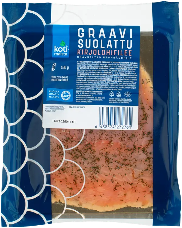 Kotimaista graavisuolattu kirjolohifilee viipaloitu 150 g