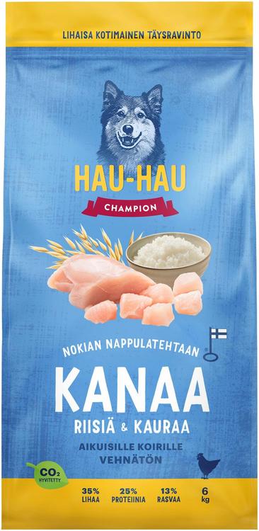 Hau-Hau Champion Nokian Nappulatehtaan Kanaa, riisiä & kauraa täysravinto aikuisille koirille 6 kg