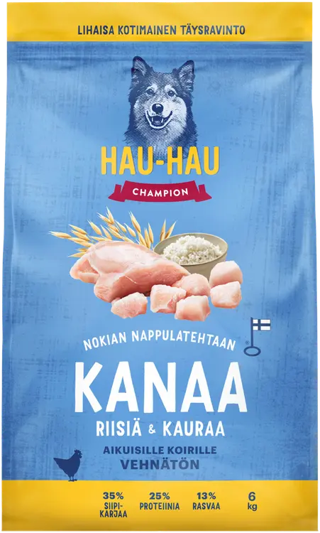 Hau-Hau Champion Nokian Nappulatehtaan Kanaa, riisiä & kauraa täysravinto aikuisille koirille 6 kg