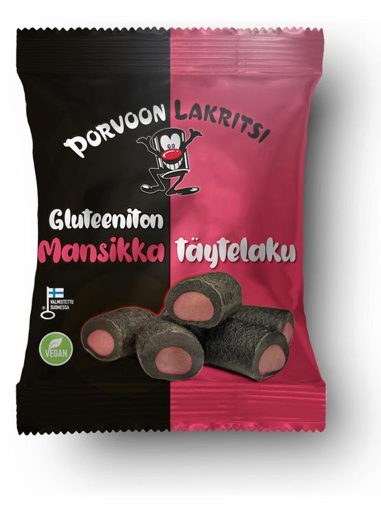 Porvoon Lakritsi Gluteeniton täytelakritsi mansikka150g mansikanmakuinen täytelakritsi