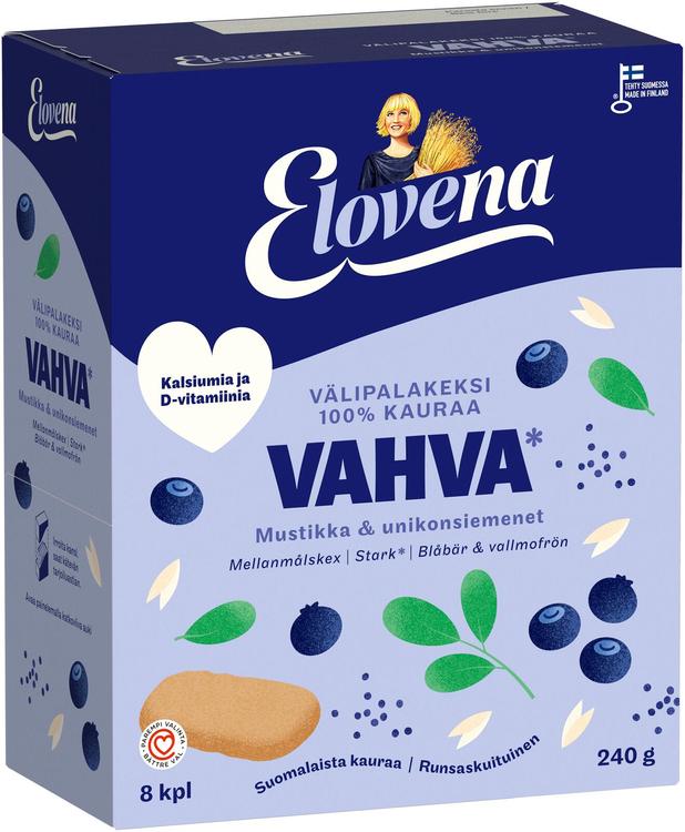 Elovena 8x30g vahva mustikka & unikonsiemenet täysjyvävälipalakeksi