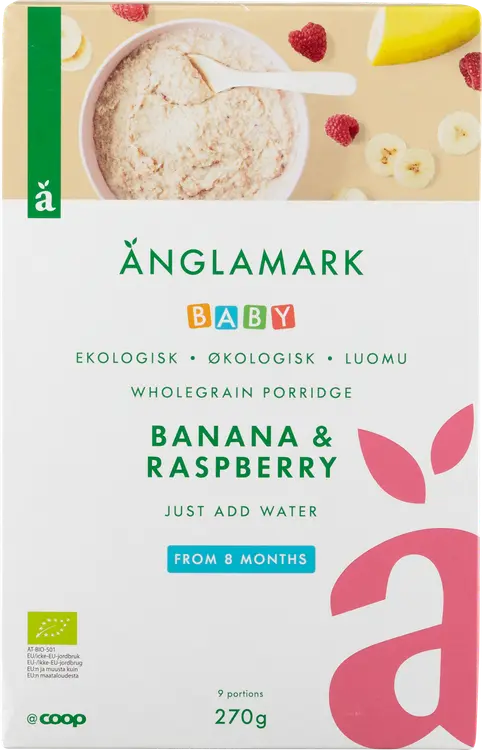 Änglamark puurojauhe banaani/vadelma luomu 8 kk 270 g