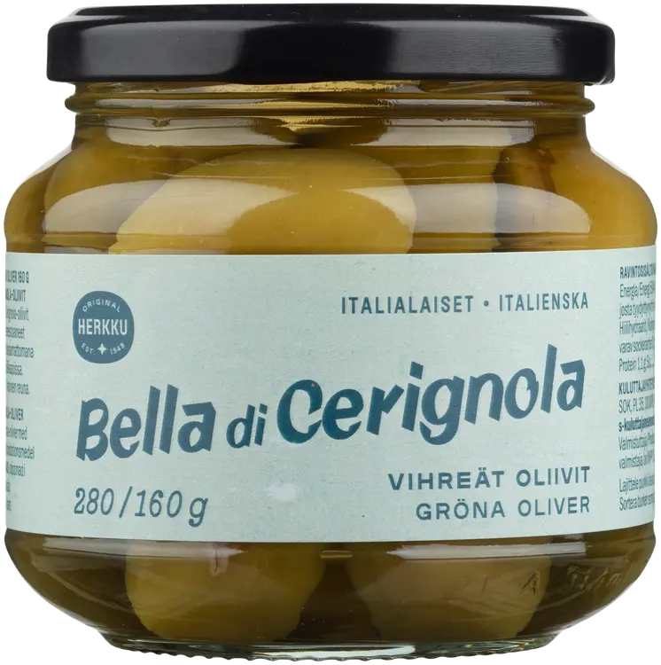 Herkku Bella di Cerignola italialaiset vihreät oliivit 280g/160g
