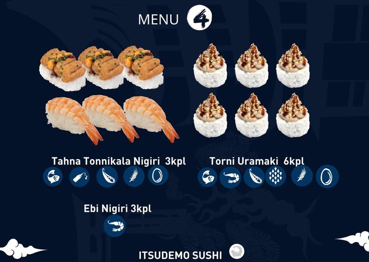 Itsudemo sushi box, 3*Tahna tonnikala nigiri, 3* Ebi nigiri, 6*Torni Uramaki