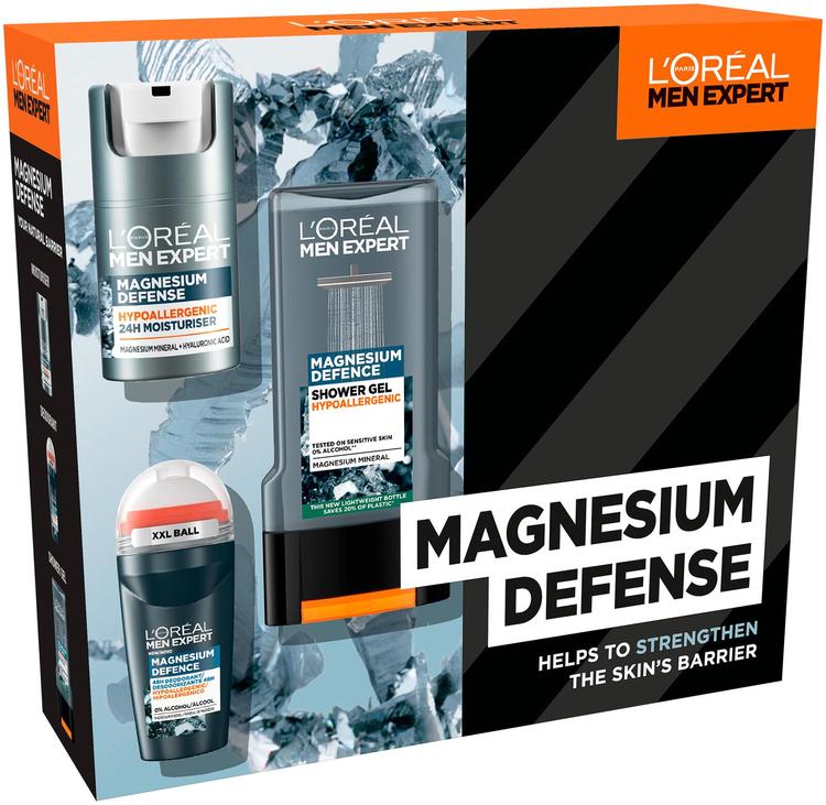 L'Oréal Paris Men Expert Magnesium Defense lahjapakkaus - kasvovoide 50ml, deo 50ml ja suihkugeeli 300ml