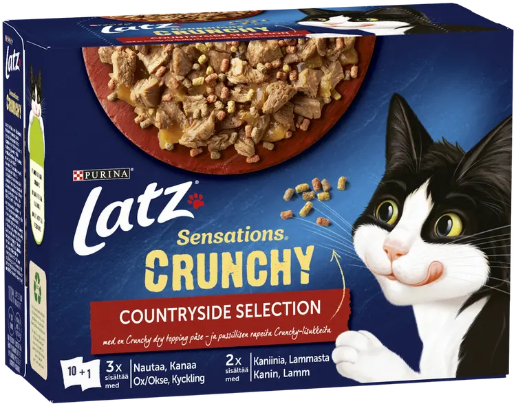 Latz Sensations Crunchy 10x85g+40g Countryside lajitelma hyytelössä 4 varianttia kissanruoka