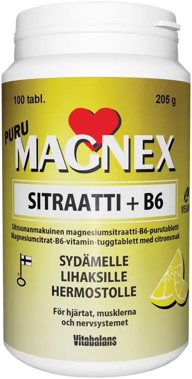 Magnex Sitraatti 375 mg + B6 puru 100 tabl/205g., kotimainen, sitruunanmakuinen magnesiumsitraatti-B6-vitamiini purutabletti, Vitabalans
