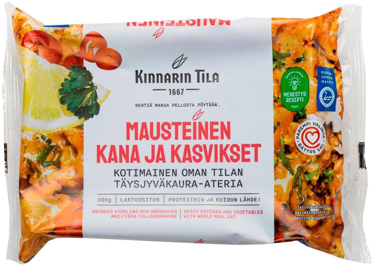 Kinnarin Tila 300g Mausteinen kana ja kasvikset täysjyväkaura-ateria