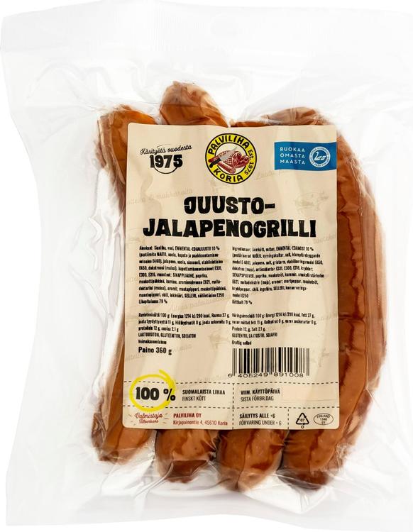 Palviliha Juustojalapenogrilli 360g juustolla ja jalapenolla maustettu täyslihagrillimakkara