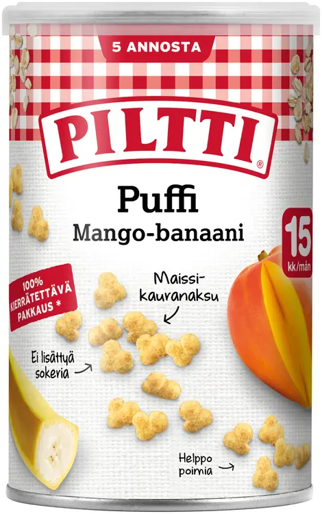 PILTTI Puffi 35g Mangon ja banaanin makuisia maissi- ja kauranaksuja 15kk