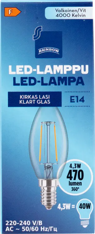 Rainbow LED-kynttilälamppu 4,3W E14 4000K 470lm kirkas lasi
