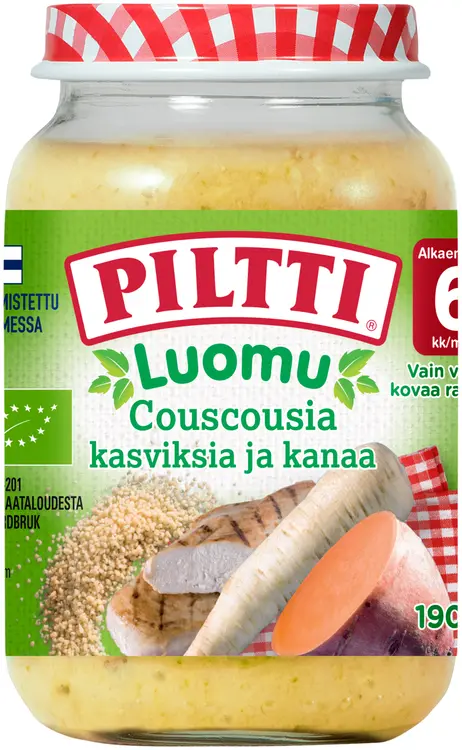 Piltti Luomu 190g Couscousia, kasviksia ja kanaa lastenateria 6kk