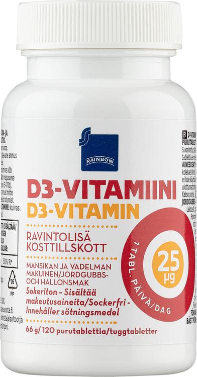 Rainbow D3-vitamiini 25µg ravintolisä 66 g/120 purutablettia mansikan ja vadelman makuinen