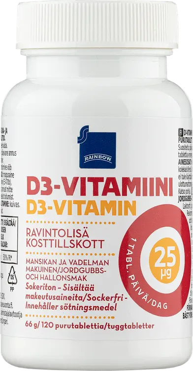 Rainbow D3-vitamiini 25µg ravintolisä 66 g/120 purutablettia mansikan ja vadelman makuinen