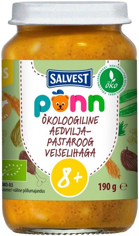 Põnn Ökoloogiline Aedvilja-pastaroog veiselihaga 190 g, alates 8-elukuust