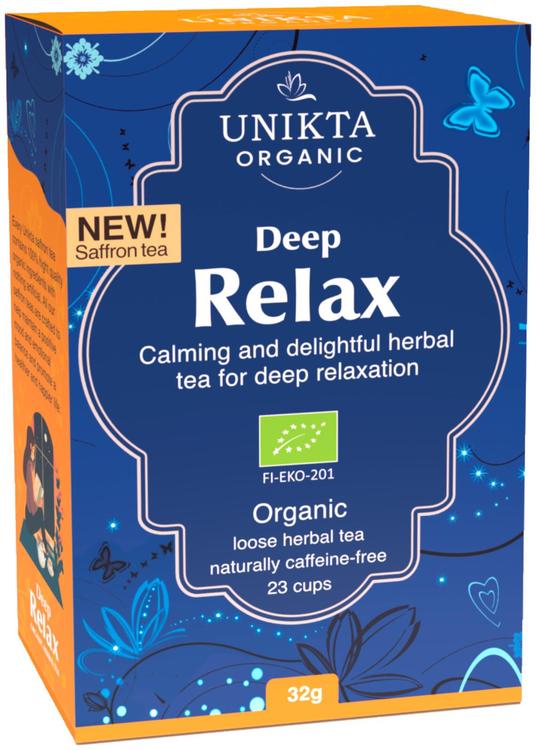 Unikta deep relax rentouttava ja rauhoittava luomu yrttihauduke. 32g irto 23 kuppia. Sisältää kamomillaa sahramia sitruunamelissaa ja kanelia. Sisäistä rauha ja tasopainoa.
