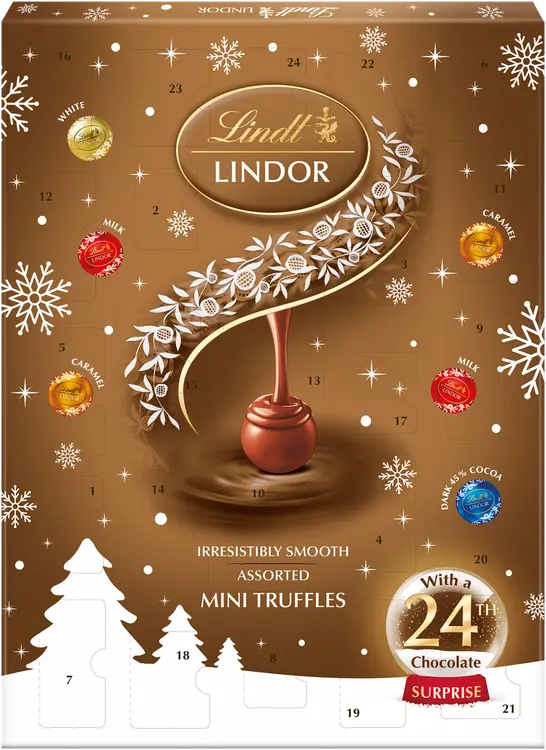 Lindt LINDOR suklaakalenteri valikoima maito-, tumma ja valkosuklaata pehmeällä täytteellä 117g