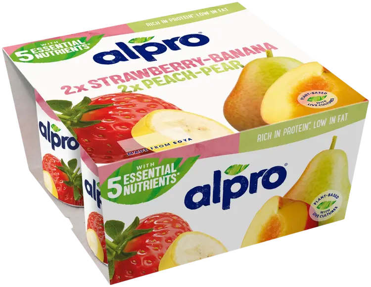 Alpro Hapatettu soijavalmiste, mansikka-banaani, persikka-päärynä, ilman paloja 4x125g