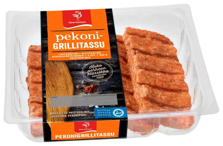 Saarioinen Pekonigrillitassu, maustettu jauheliha-pekonipihvi, kypsentämätön 4kpl 300g