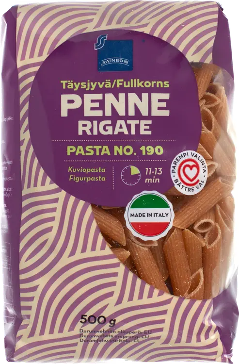 Rainbow 500g Täysjyvä Penne Rigate putkipasta
