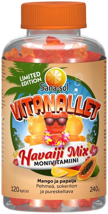 Sana-sol Vitanallet Havaiji Mix Limited Edition pehmeä, sokeriton ja pureskeltava mangon- ja
papaijanmakuinen monivitamiinivalmiste ravintolisä 120kpl / 240g