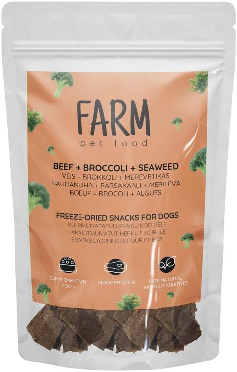 Farm pet food Külmkuivatatud snäkid koertele Veiseliha-brokkoli-merevetikad 50%/49%/1%, 80g
