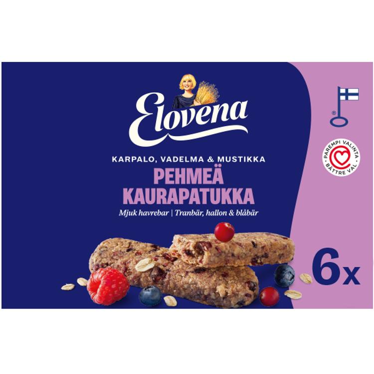 Elovena 6x30g karpalo, vadelma & mustikka pehmeä kaurapatukka