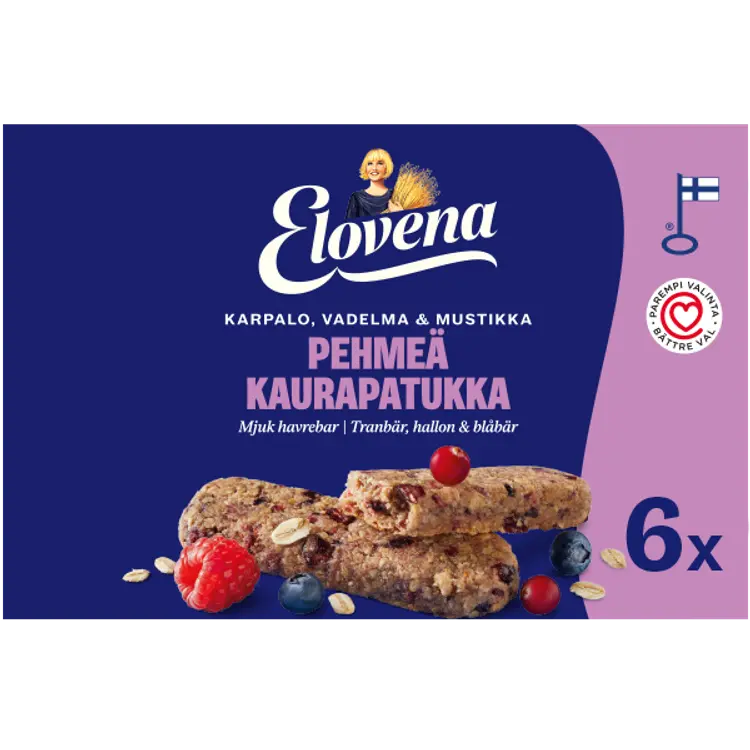 Elovena 6x30g karpalo, vadelma & mustikka pehmeä kaurapatukka