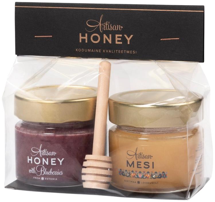 Komplekt tsellofaanis: Mesi 100 g ja Mesi mustikatega 100 g + meevurr